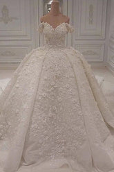 Luxury A-line Off-the-shoulder White Wedding Dresses V-neck Tulle Lace Bridal Gowns With Flowers